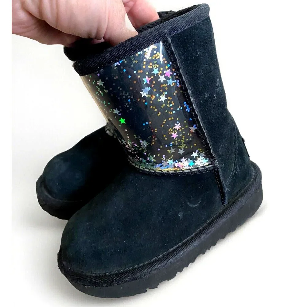 UGG Classic II Clear Glitter Boots‎ Black Size 7 Toddler Girls Kids Star Shoes